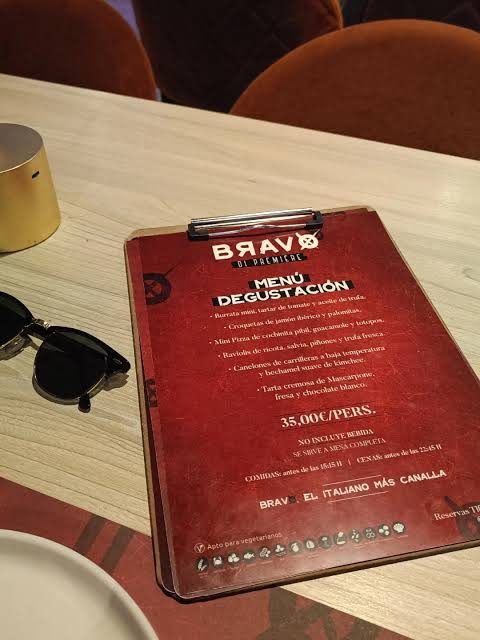 Carta del menú degustación de BRAVO di Première